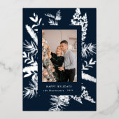 wintergroene bladeren elegante fotokaart folie uitnodiging (Voorkant)