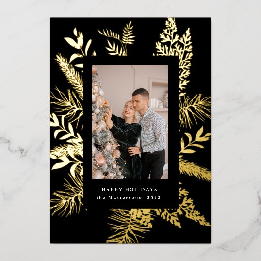 wintergroene bladeren elegante fotokaart folie uitnodiging (Voorkant)