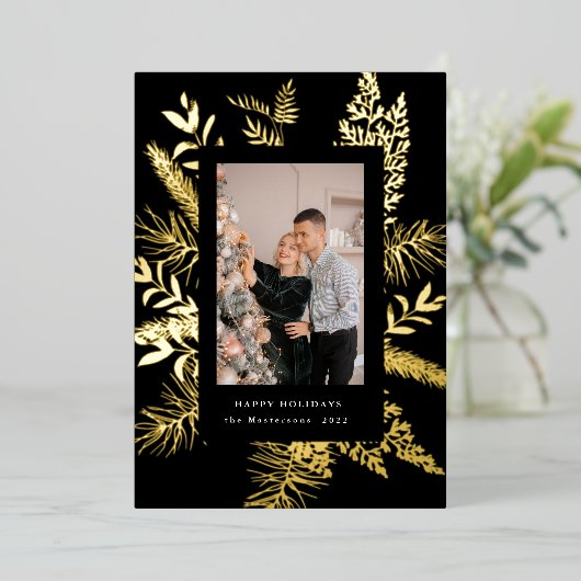 wintergroene bladeren elegante fotokaart folie uitnodiging (Staand Voorkant)