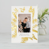 wintergroene bladgroen elegant fotofeest folie uitnodiging (Staand Voorkant)