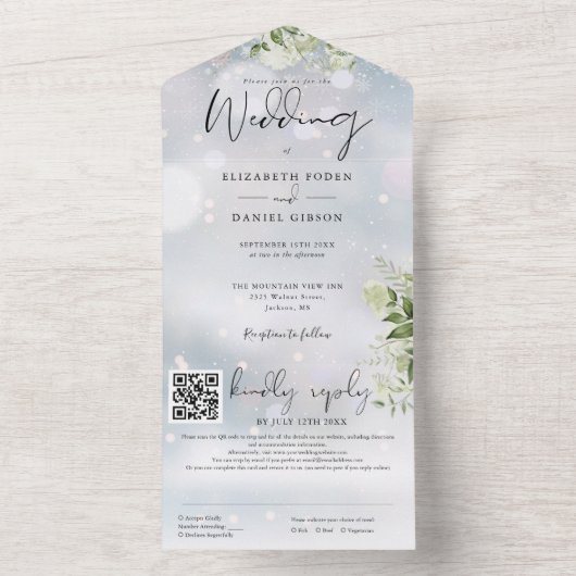 Wintergroene Bloemencode Trouw-QR-code All In One Uitnodiging (Binnen)