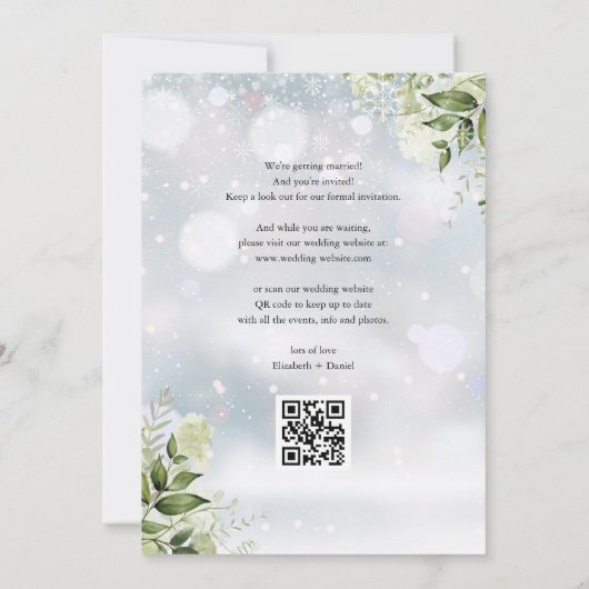 Wintergroene bloemencode trouwfeest QR-code Save The Date (Achterkant)