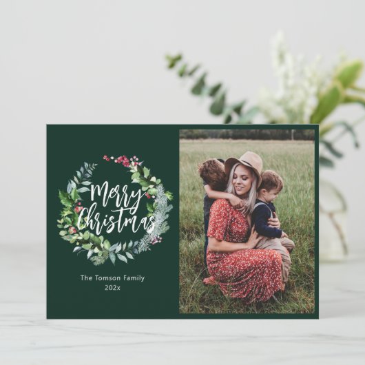 wintergroene fotokerstkaart feestdagenkaart (Staand voorkant)