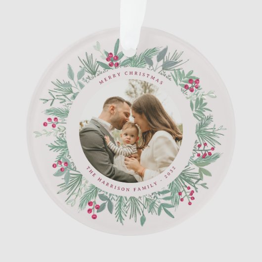 Wintergroene Kerst Foto Krans Ornament (voorkant)
