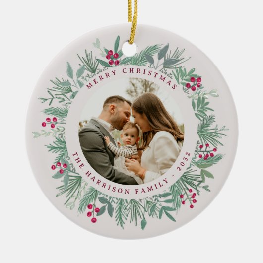 Wintergroene Kerst Foto Krans Ornament (Voorkant)