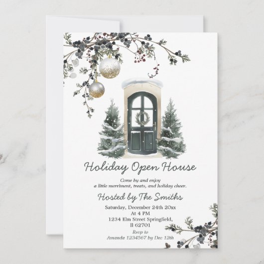 Wintergroene Kerstballen Holiday Open House Kaart (Voorkant)