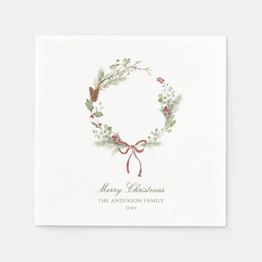 Wintergroene Krans Rood Lint Servet (Voorkant)
