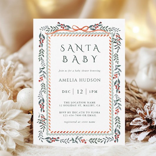 Wintergroene lijst Santa babyshower Kaart