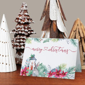 Wintergroene Poinsettia en Konijn Aquarel Feestdagen Kaart