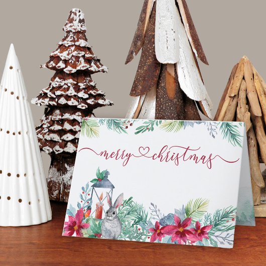 Wintergroene Poinsettia en Konijn Aquarel Feestdagen Kaart