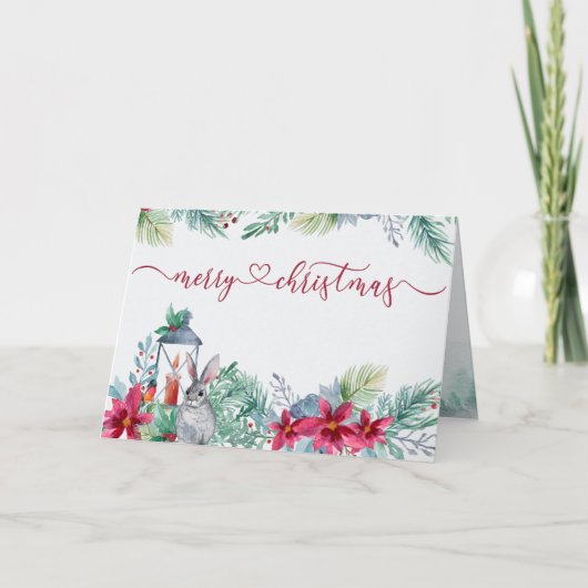 Wintergroene Poinsettia en Konijn Aquarel Feestdagen Kaart (Voorkant)
