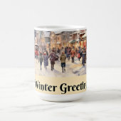 Wintergroeten, besneeuwde stadsstraat, koffiemok (Center)