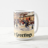 Wintergroeten, besneeuwde stadsstraat, koffiemok (Voorkant rechts)