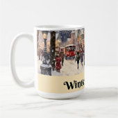 Wintergroeten, besneeuwde stadsstraat, koffiemok (Links)