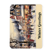 Wintergroeten, besneeuwde stadsstraat, magneet (Verticaal)