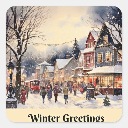Wintergroeten, besneeuwde stadsstraat, vierkante sticker (Voorkant)