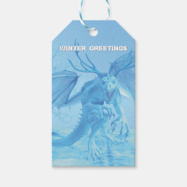 Wintergroeten. IJsdraak met gewei Cadeaulabel