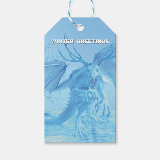 Wintergroeten. IJsdraak met gewei Cadeaulabel (Voorkant)