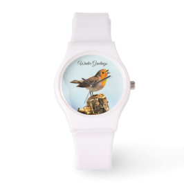 Wintergroeten. Roodborstje zingt  Horloge