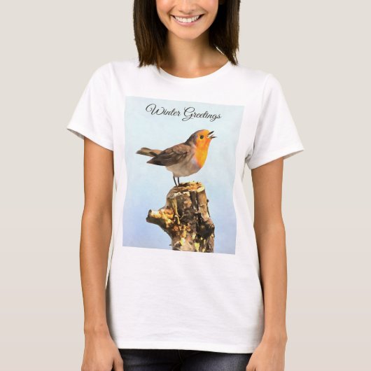 Wintergroeten. Roodborstje zingt T-shirt (Voorkant)