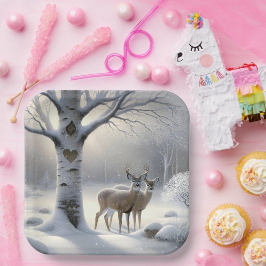 Winterhert met hart op berkenboom papieren bordje (Feest)