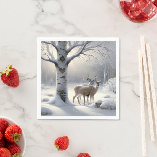 Winterhert met hart op berkenboom servet (Insitu)