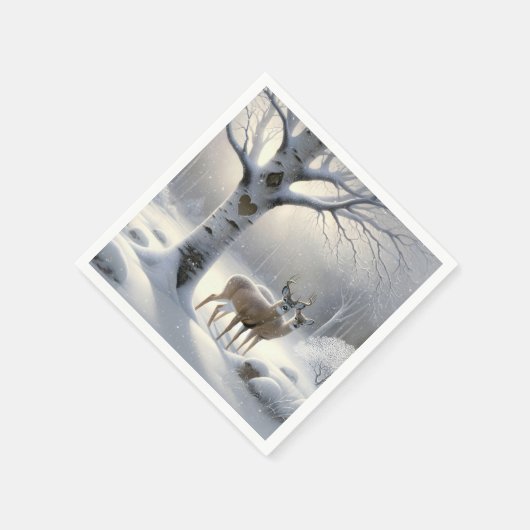 Winterhert met hart op berkenboom servet (Hoek)