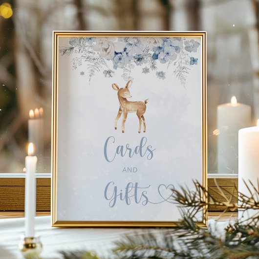 Winterherten blauw jongetje baby shower kaarten en poster