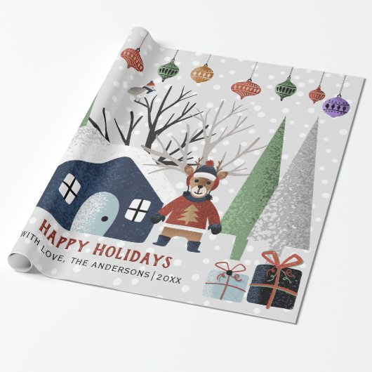 Winterherten, bomen en huis Kerstvakantie Cadeaupapier (Uitgerold)