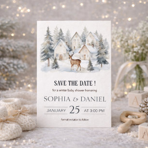 Winterherten in Dorp Watercolor Babyborrel Save The Date