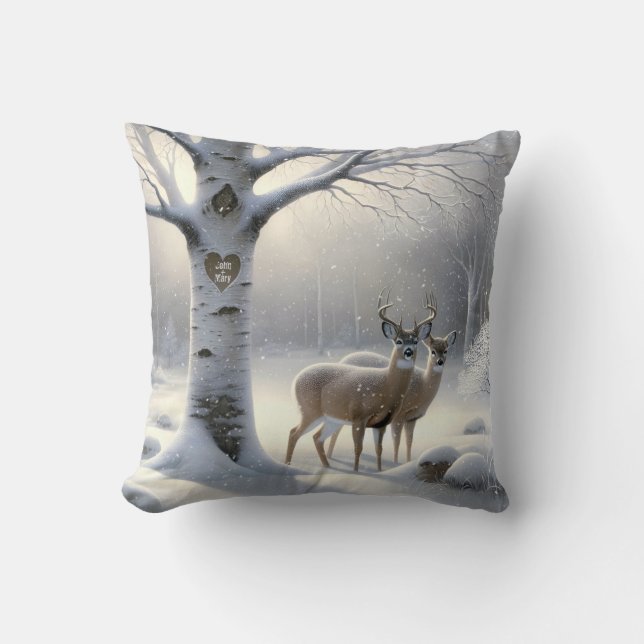Winterherten met berkenboom en hartnamen kussen (Voorkant)