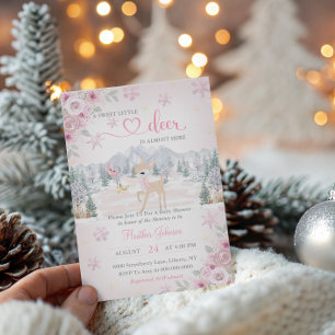 Winterhertje Roze Sneeuwvlok Baby Shower  Kaart
