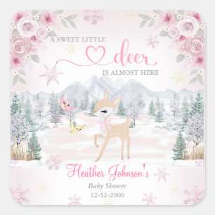 Winterhertje Roze Sneeuwvlok Baby Shower  Vierkante Sticker