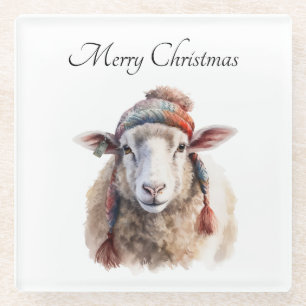 Winterhoed Kerst Schaap Aangepaste Tekst Glazen Onderzetter