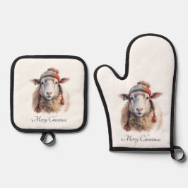 Winterhoed Kerst Schaap Aangepaste Tekst Ovenwant & Pannenlap Set