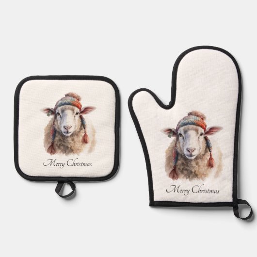 Winterhoed Kerst Schaap Aangepaste Tekst Ovenwant & Pannenlap Set (Voorkant)