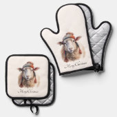 Winterhoed Kerst Schaap Aangepaste Tekst Ovenwant & Pannenlap Set (Voorkant / Achterkant)