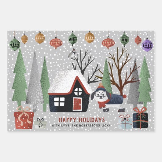 Winterhond, Vrolijk kerstfeest en sneeuwvlokken Inpakpapier Vel (Voorkant)