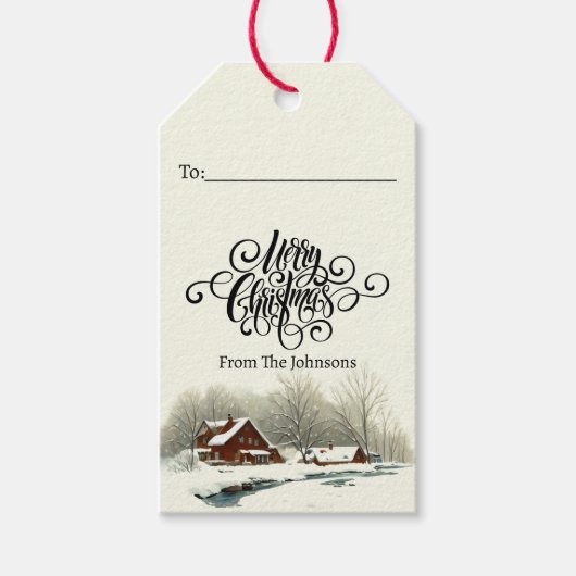 Winterhuis gepersonaliseerde Kerstmis Cadeaulabel (Voorkant)