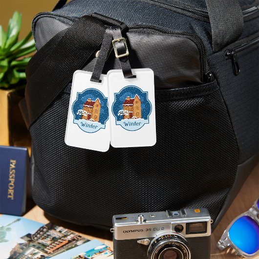 Winterhuis in de sneeuw bagagelabel