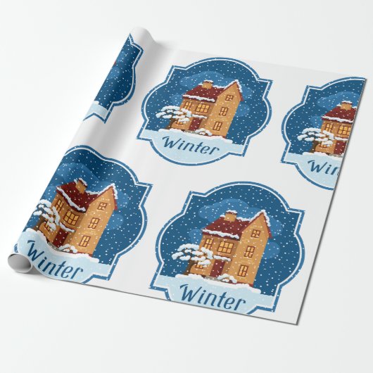 Winterhuis in de sneeuw cadeaupapier (Uitgerold)