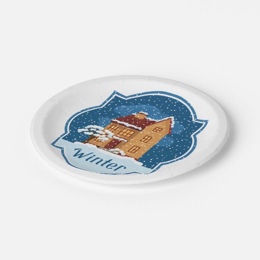 Winterhuis in de sneeuw papieren bordje (Gekanteld)