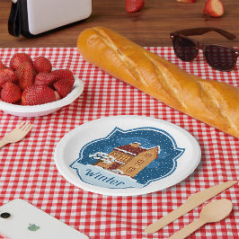 Winterhuis in de sneeuw papieren bordje