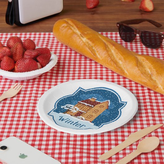 Winterhuis in de sneeuw papieren bordje