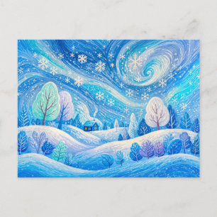 Winterhuis in dwarrelende sneeuwval illustratie briefkaart