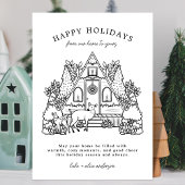 Winterhuis met hertenbuur feestdagenkaart