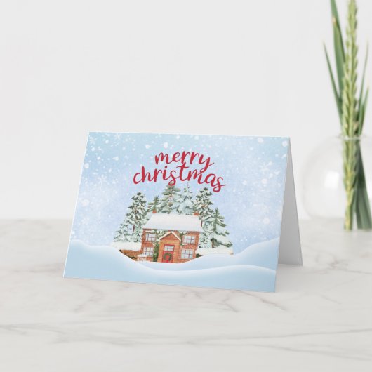 Winterhuis Sneeuwig Kerstdiner Feestdagen Kaart (Voorkant)