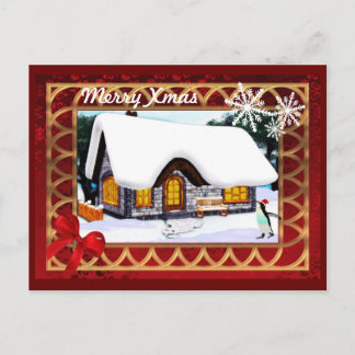 Winterhuisje sneeuwscooter met pinguïn kerst feestdagenkaart