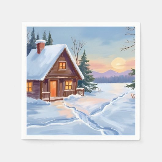 Winterhut Berg Sneeuw Aquarel Servet (Voorkant)