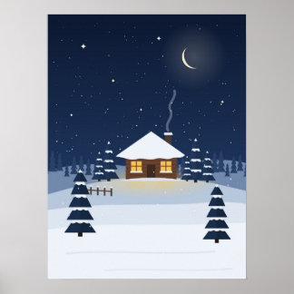Winterhut bij nacht Kerst sterren sneeuw poster
